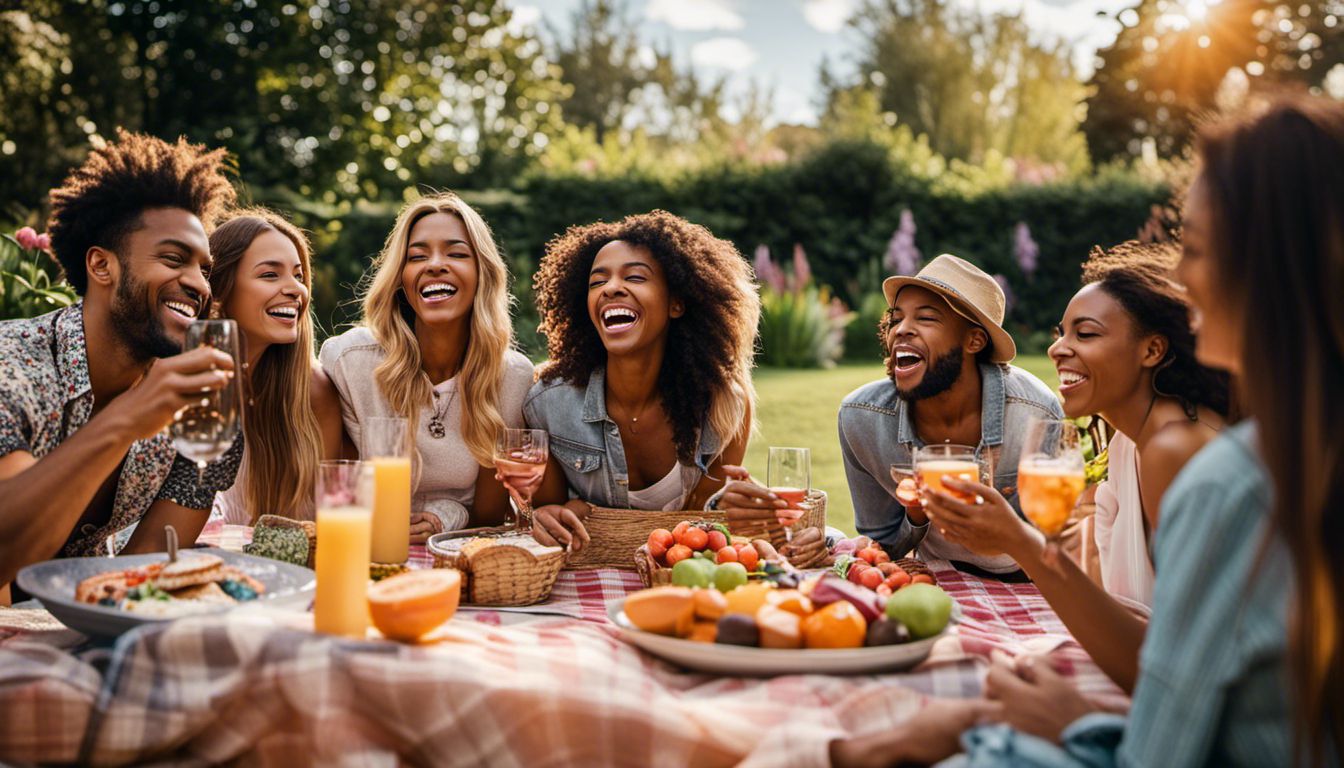A diverse group of friends enjoying a picnic in a colorful garden.