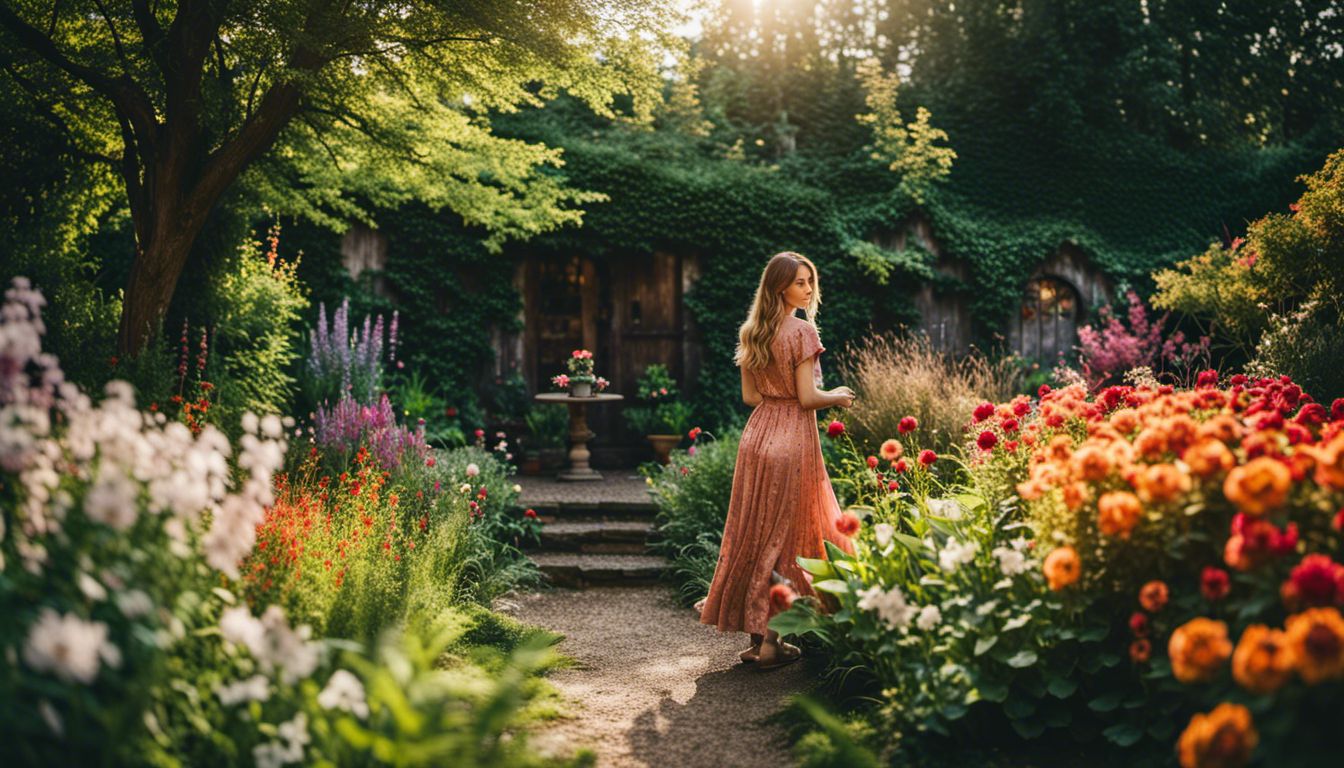 A person in a beautiful garden surrounded by colorful flowers.
