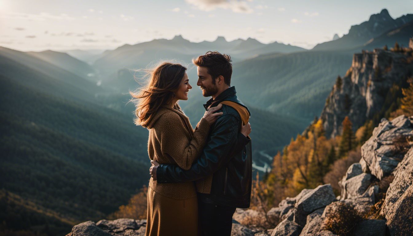 Embracing couple on mountaintop with diverse appearances, captured in stunning clarity.