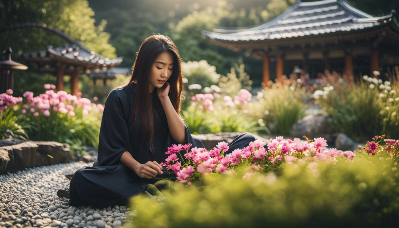 A peaceful zen garden featuring a blooming flower and diverse people.