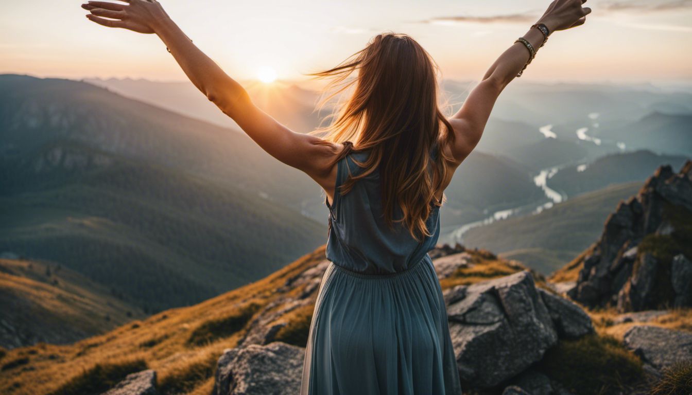 A Caucasian woman celebrates victory on a mountaintop in different styles.