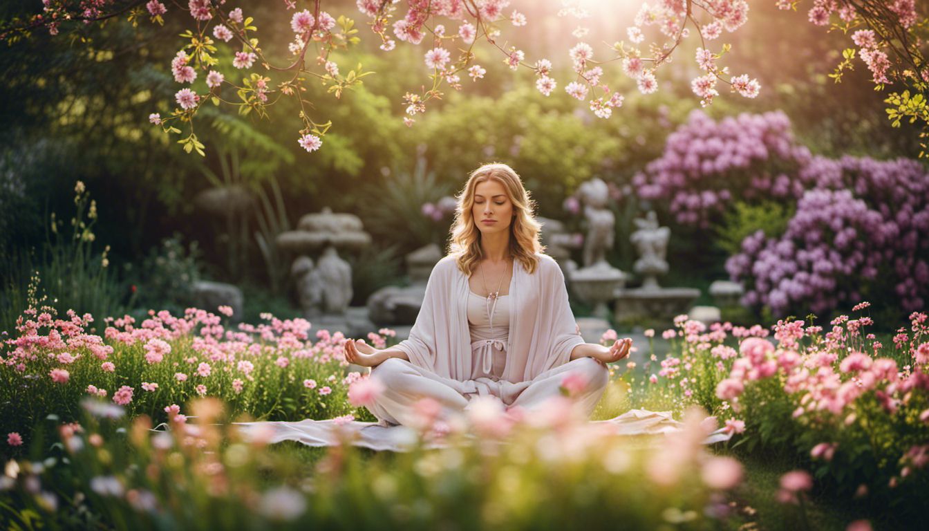 A serene garden with a person meditating amidst blooming flowers.