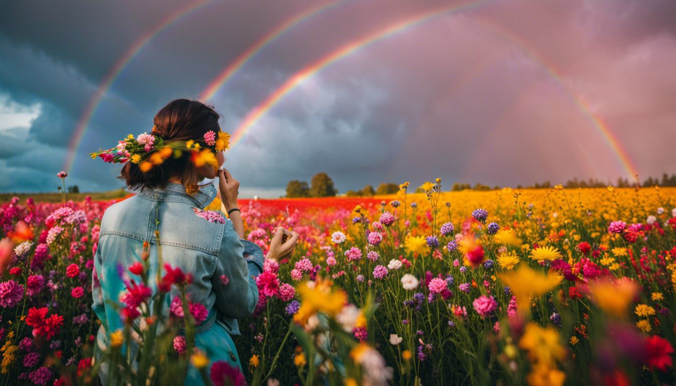 A vibrant field of blooming flowers with a rainbow-filled sky.