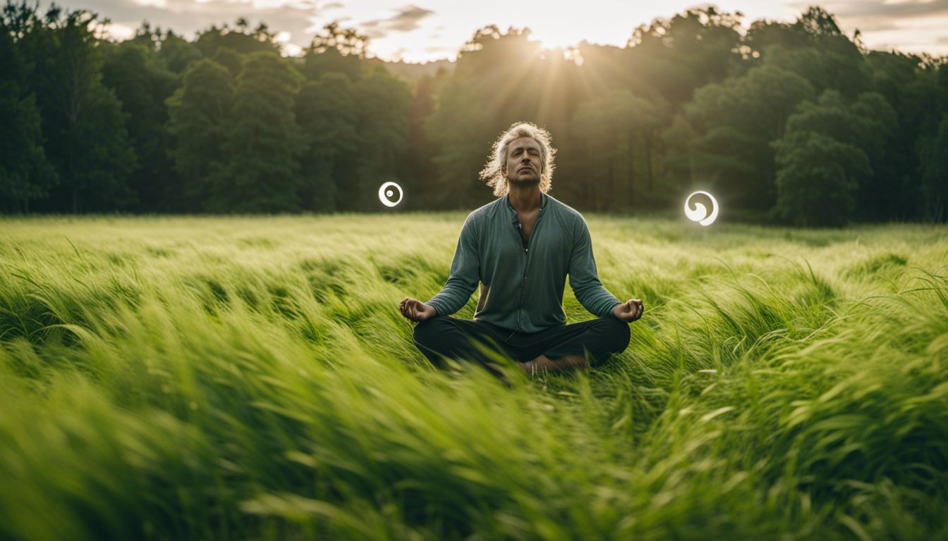 Person meditating in a green meadow surrounded by a yin-yang symbol.