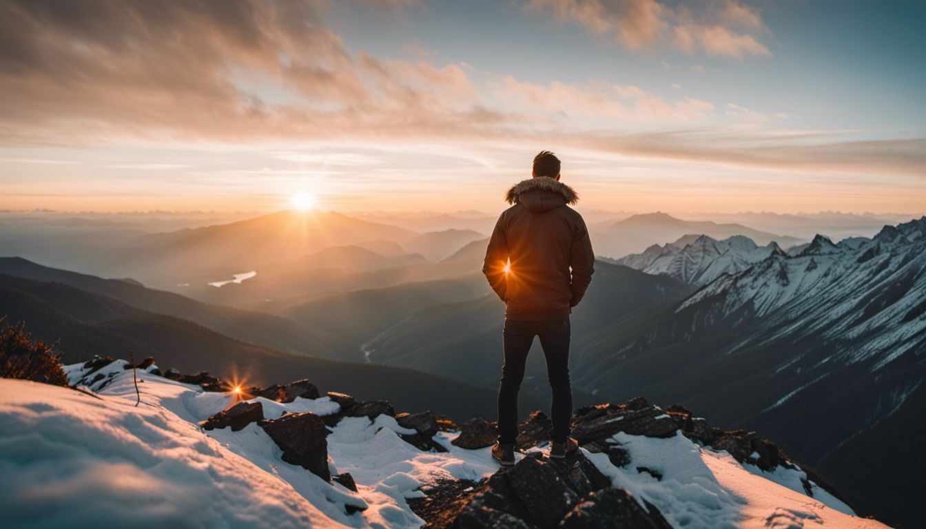 Person atop a mountain, observing a beautiful sunrise, surrounded by nature.