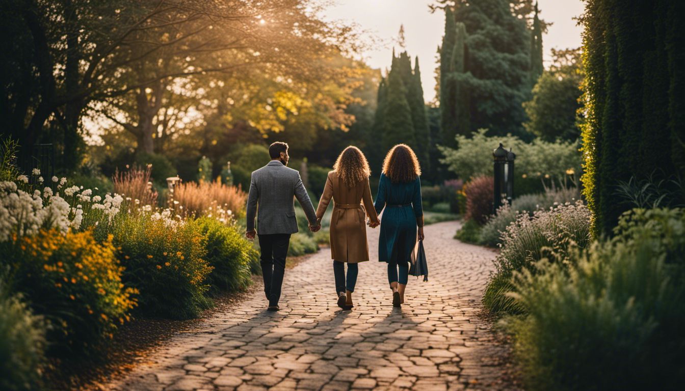 Photography of two people strolling hand in hand in a garden.