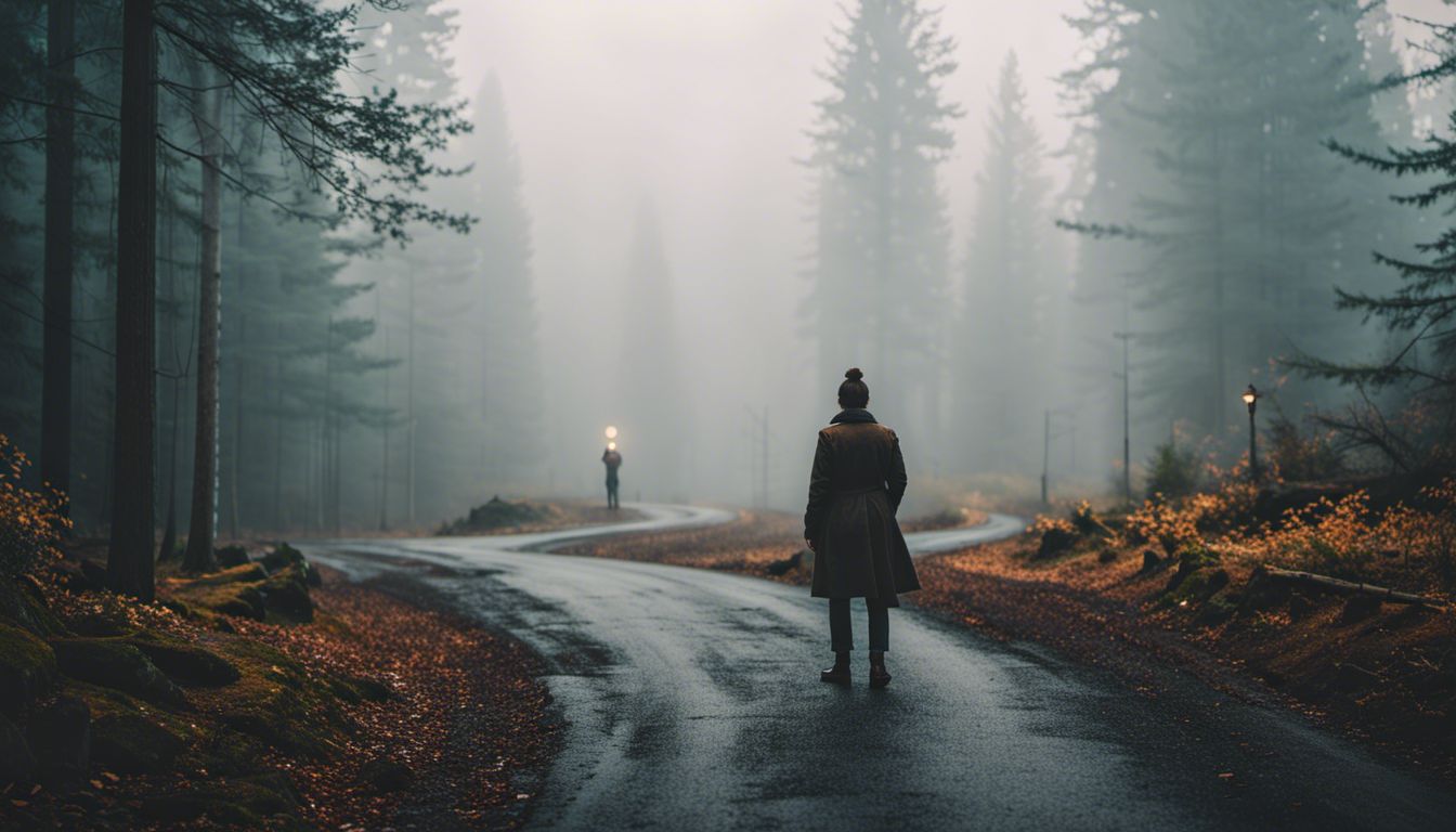 A person surrounded by misty forest at a crossroads.