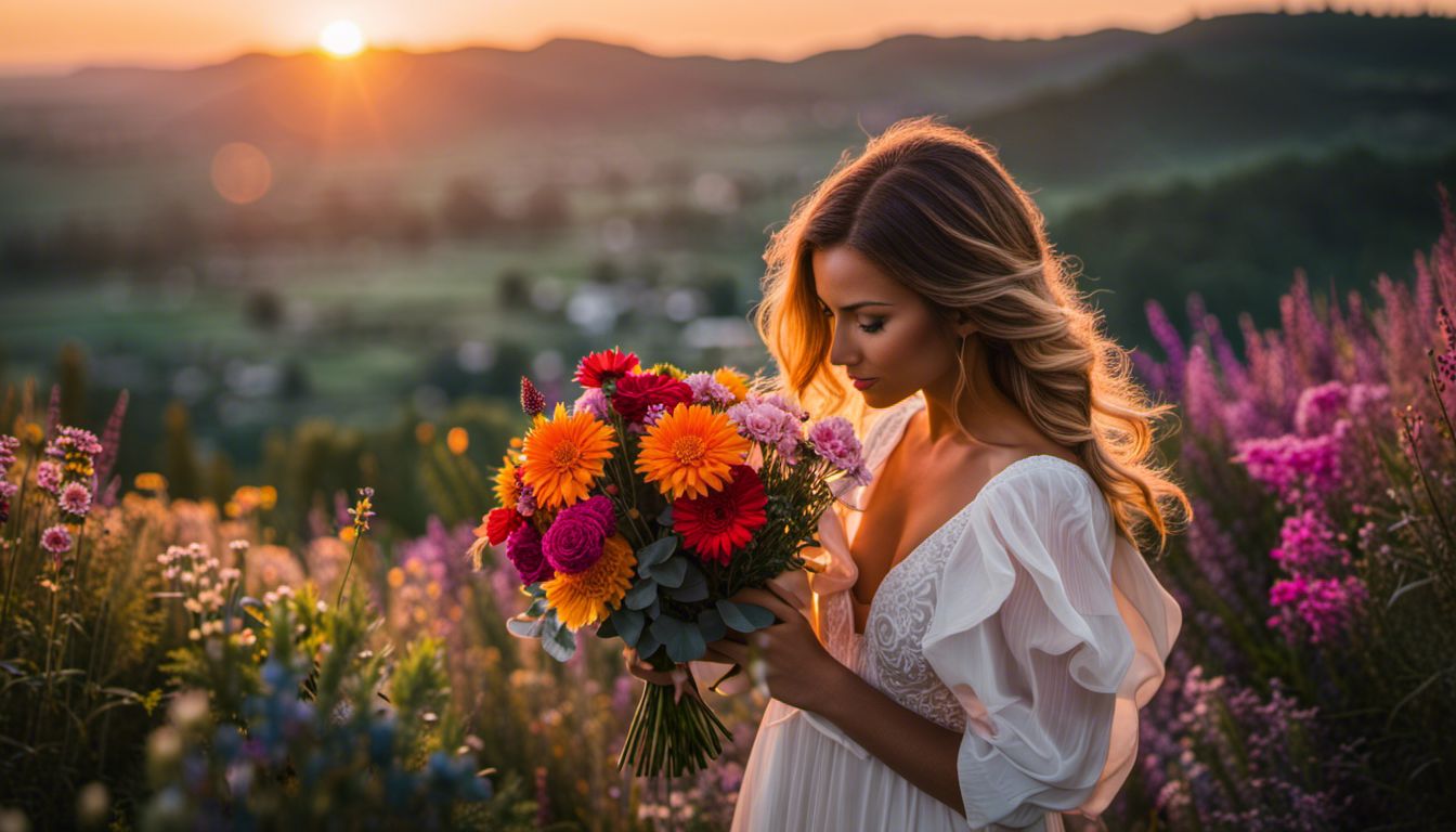 A vibrant bouquet of flowers against a picturesque sunset backdrop.