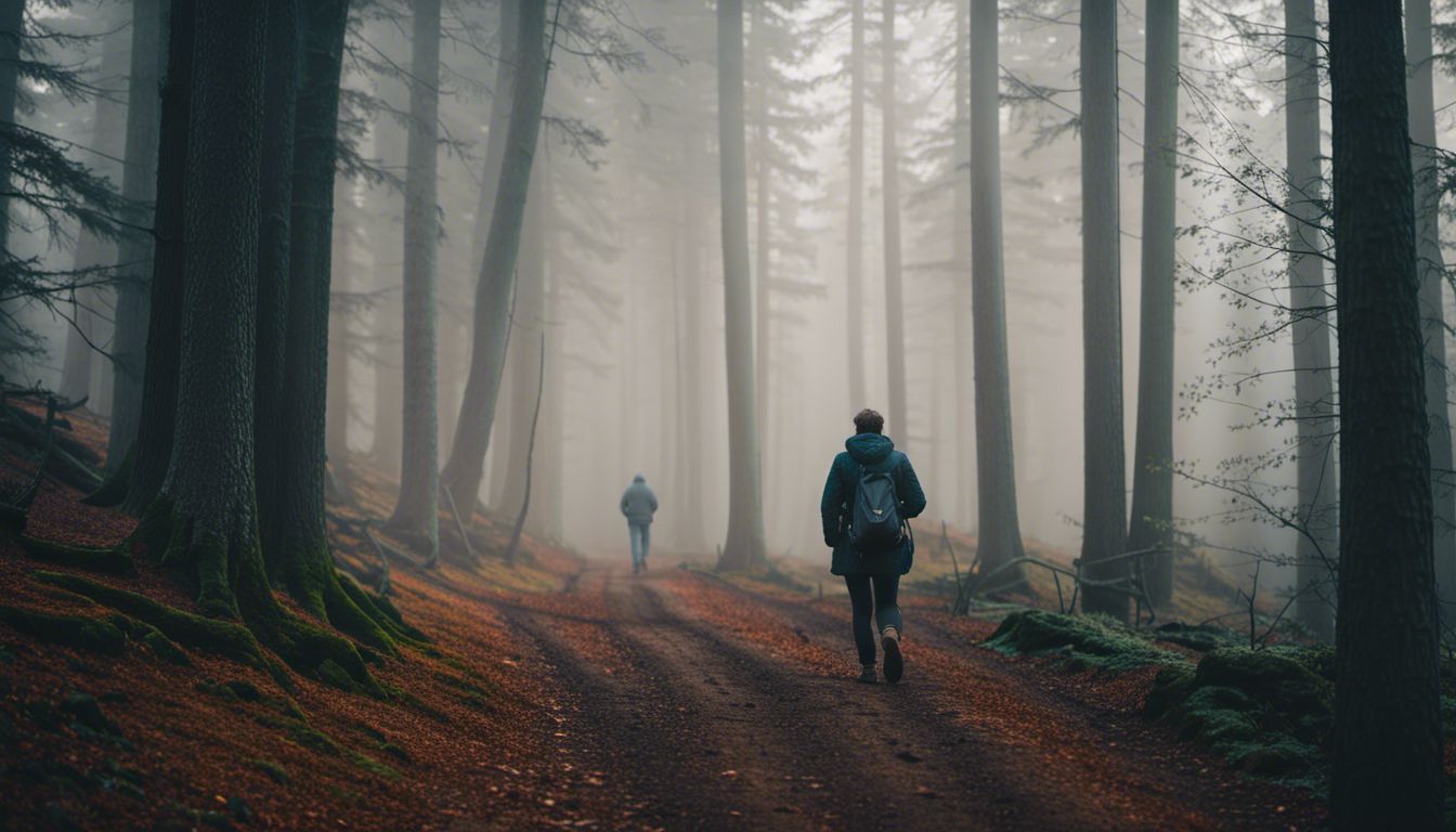 A person walking alone in a mist-covered forest surrounded by trees.