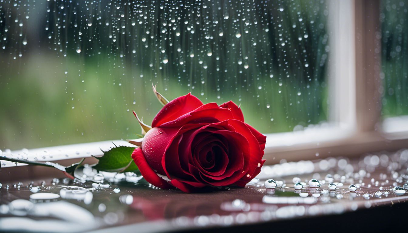 Photograph of a rose on a windowsill with raindrops on the glass.