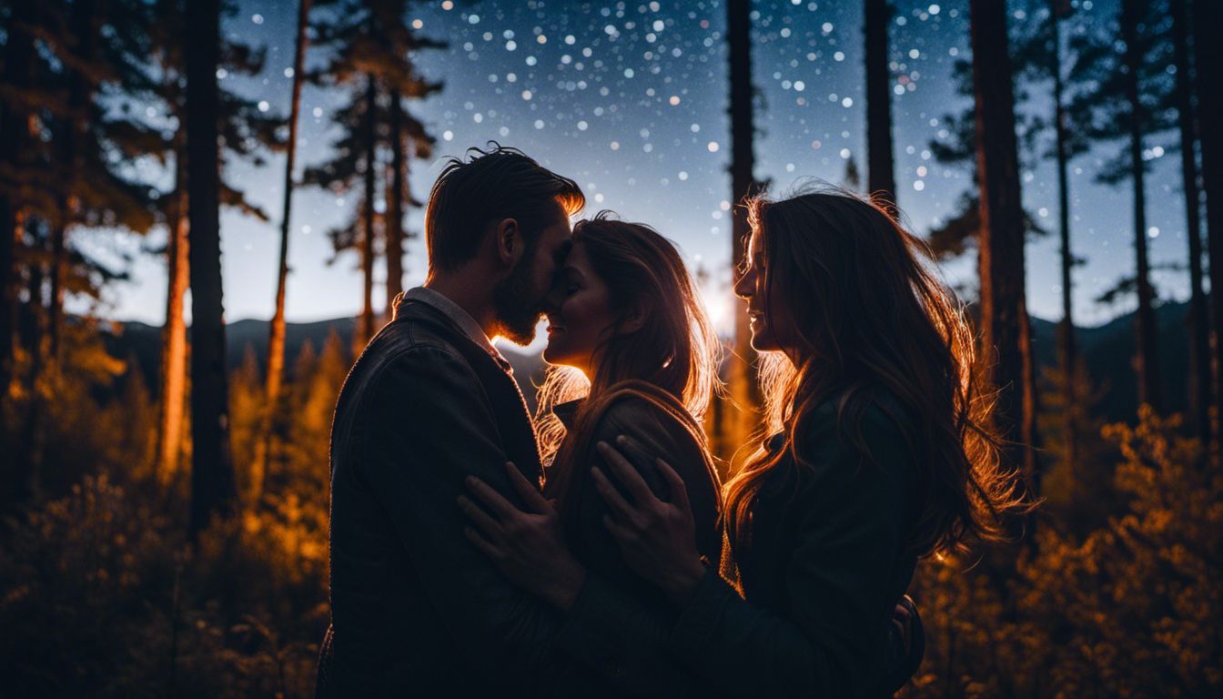A couple embracing under the stars in a picturesque forest.