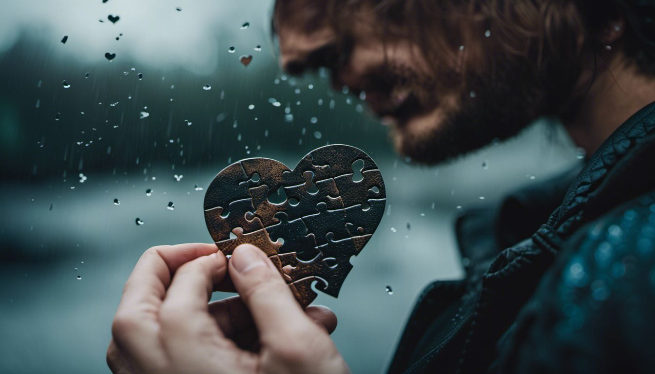 A broken heart puzzle on a rainy background with various faces.