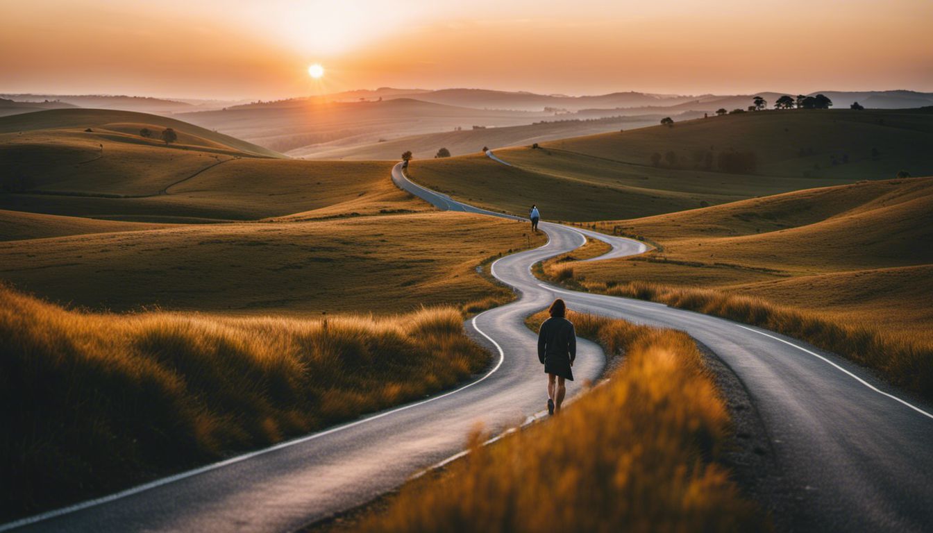 A person walking alone on a scenic road surrounded by sunrise.