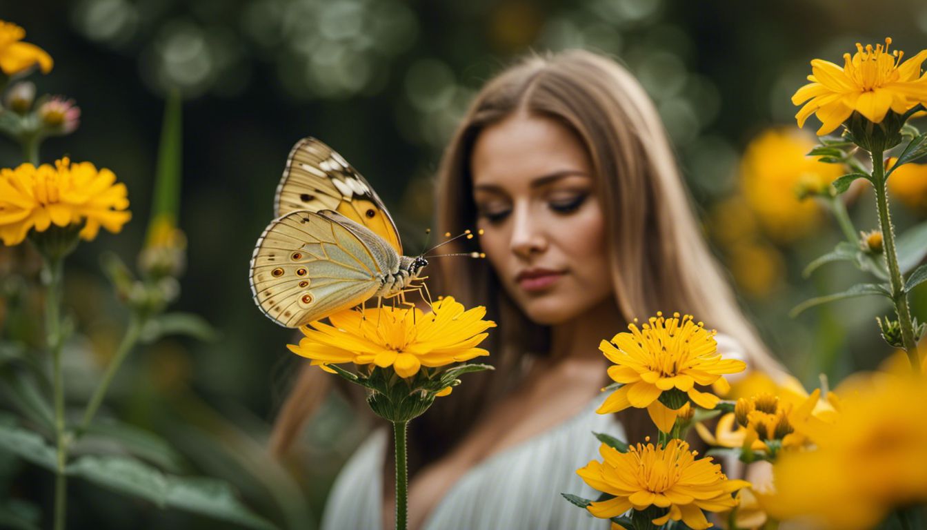 Yellow butterfly on yellow flower in blooming garden with various faces.