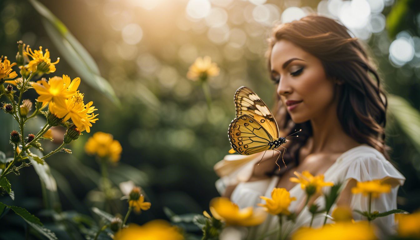 A yellow butterfly perched on a blooming flower in a garden.