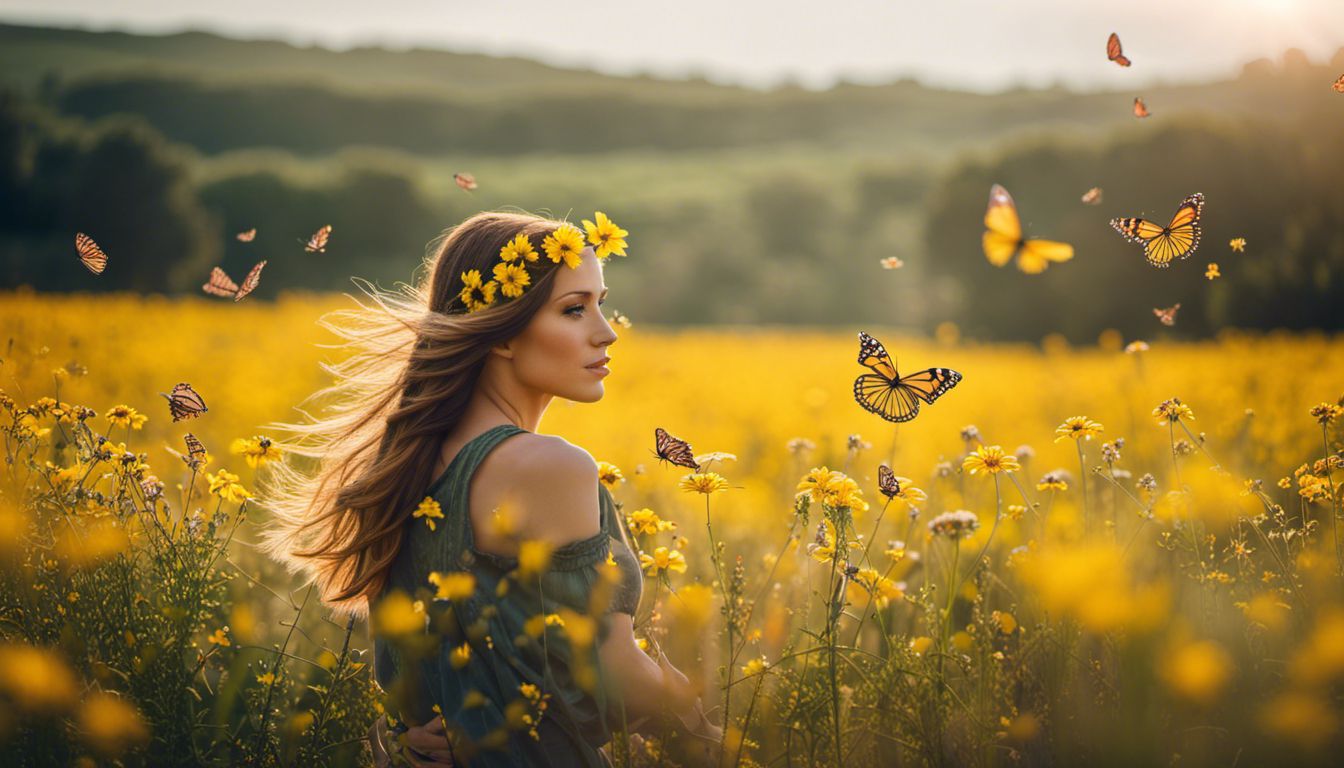 Photograph of a field of yellow flowers with butterflies and diverse people.