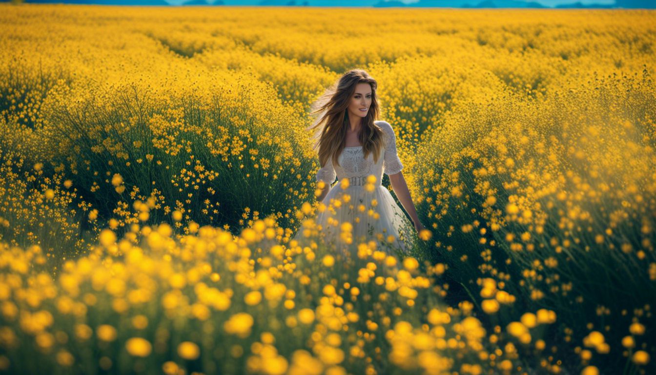 A vibrant field of yellow flowers with diverse people enjoying nature.
