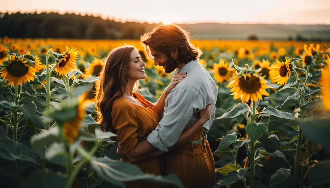A couple embracing in a sunflower field surrounded by a lively atmosphere.