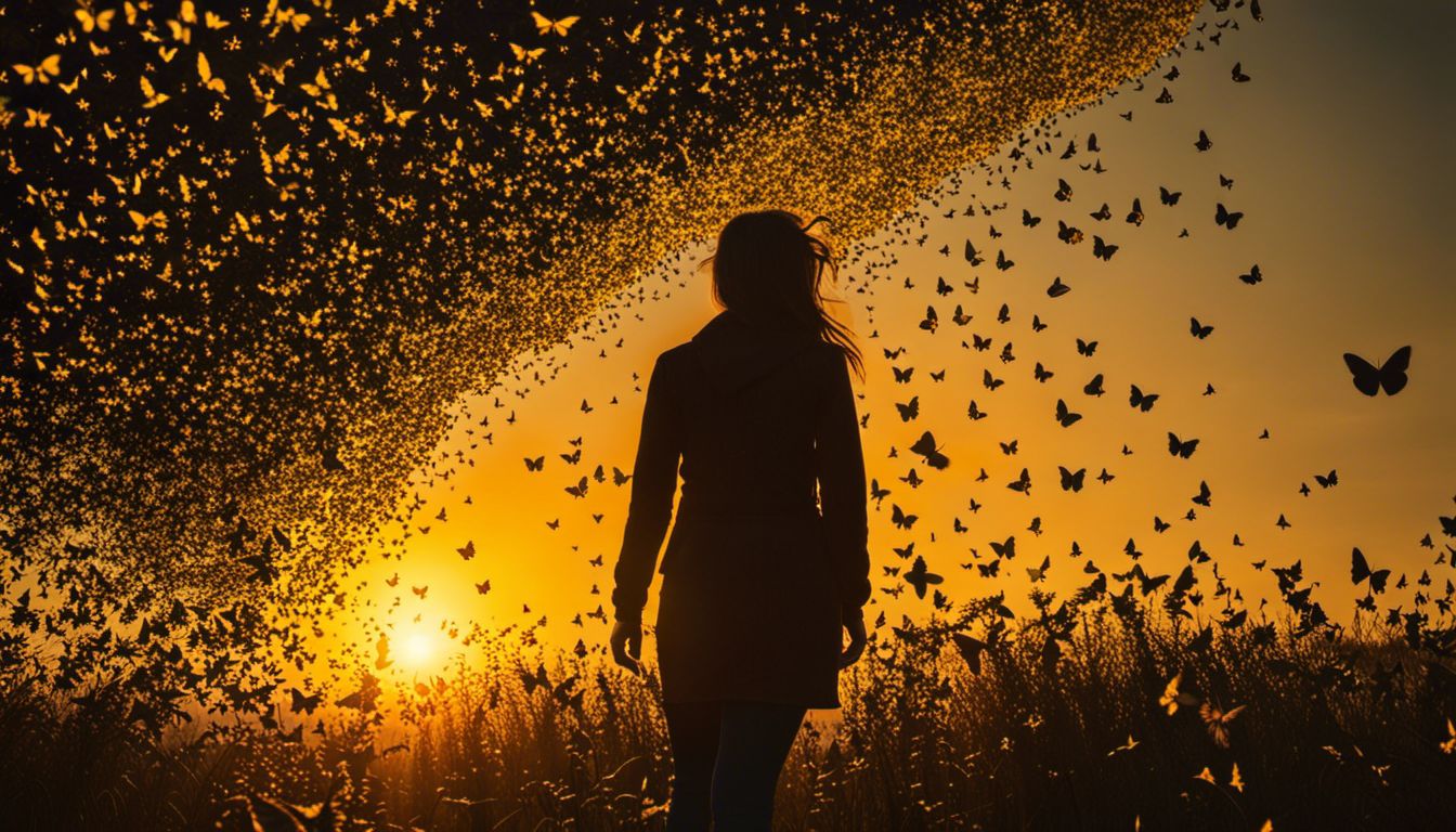 Silhouette surrounded by yellow butterflies at sunrise in nature photography.