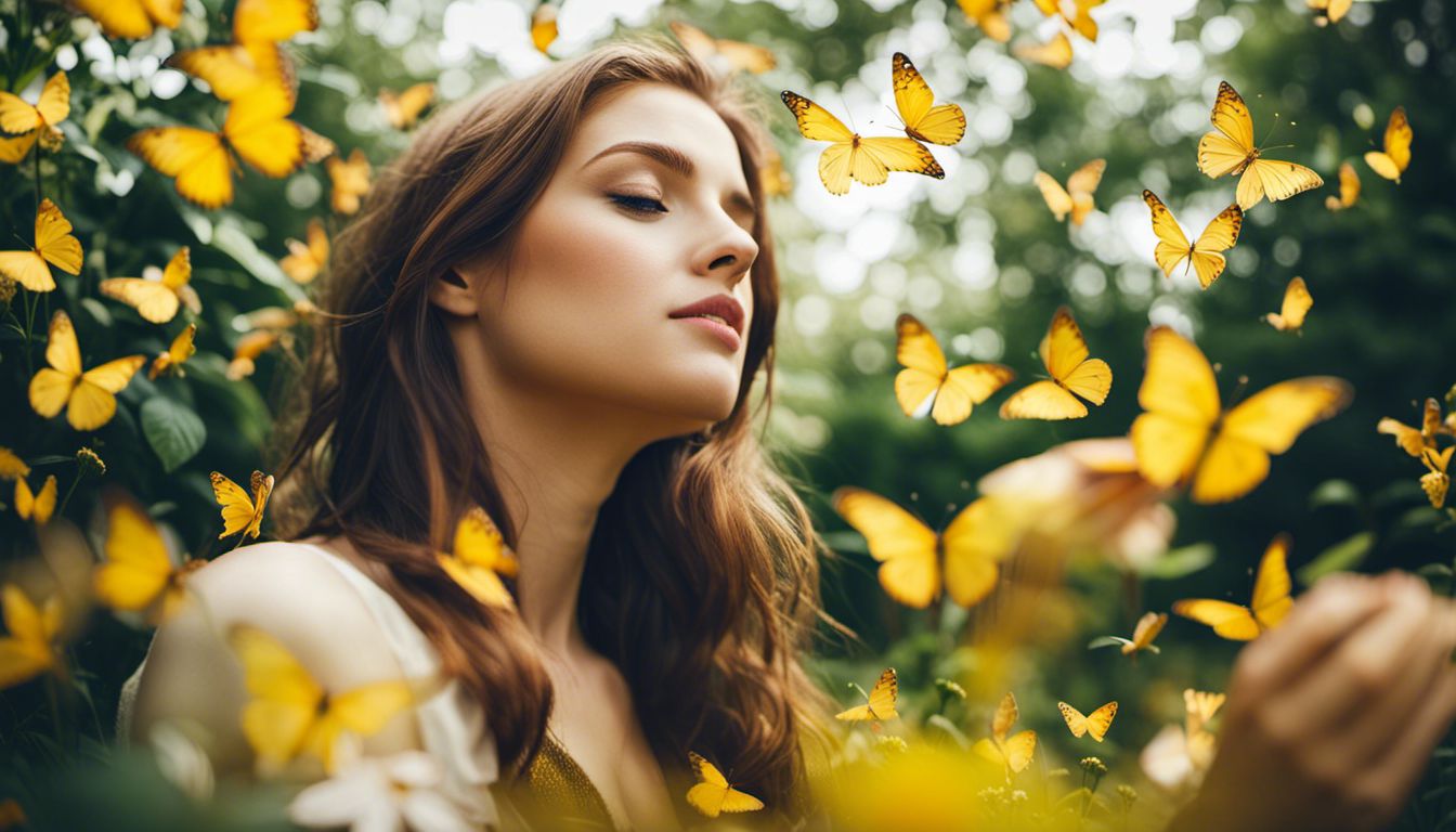 A person releases yellow butterflies in a blooming garden.