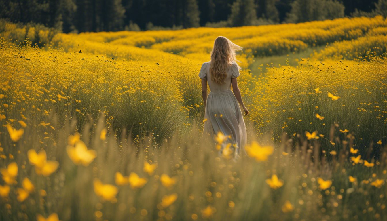 Person walking through a field of yellow wildflowers with fluttering butterflies.