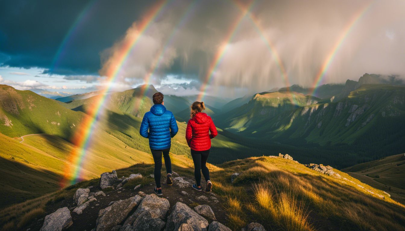 A vibrant double rainbow over a serene mountain landscape.