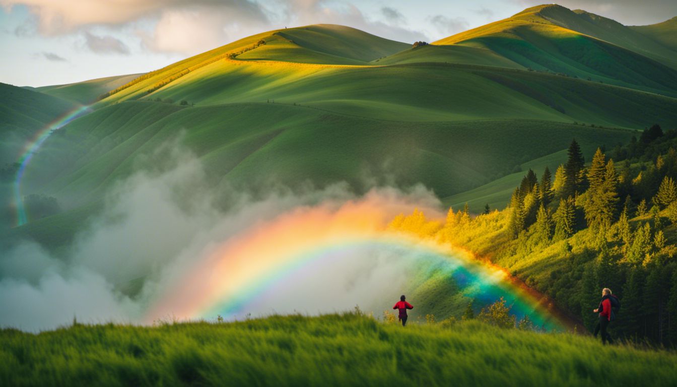 A stunning rainbow over a diverse and vibrant natural landscape.