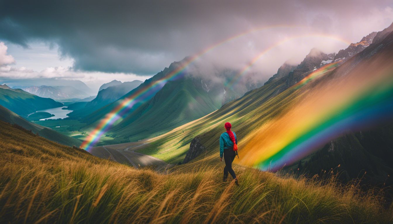 A vibrant rainbow over a mountain landscape with diverse people.