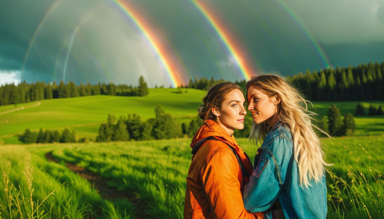 Photography of a person under a vibrant double rainbow in nature.