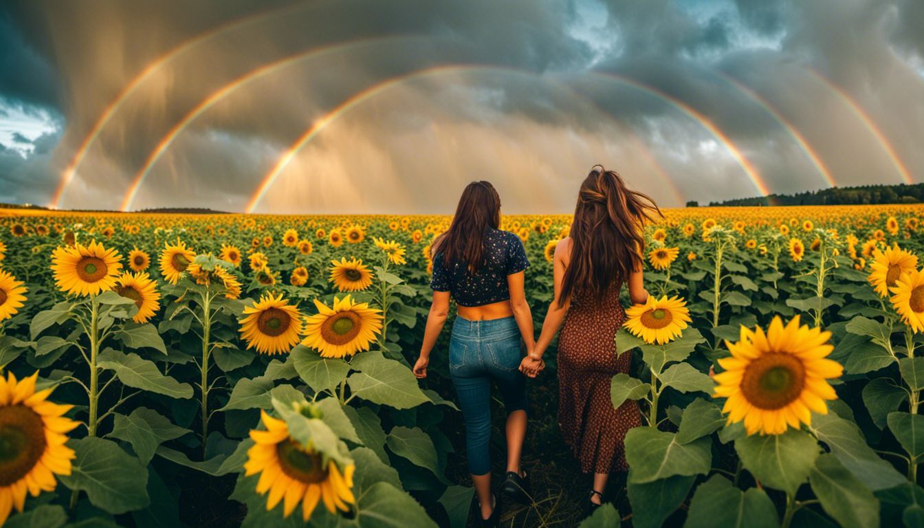 Photograph of sunflower field with double rainbow and diverse people.