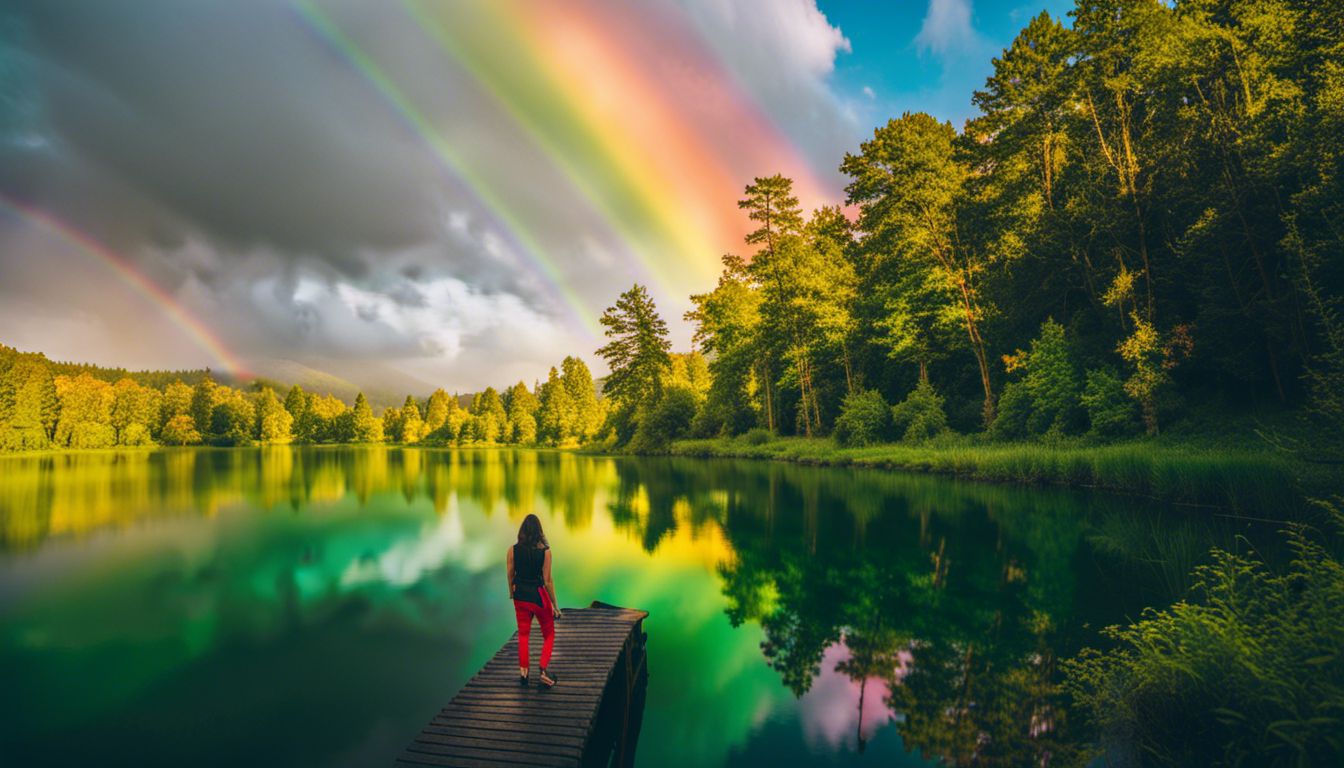 A stunning rainbow reflects in a serene lake, surrounded by green landscapes.