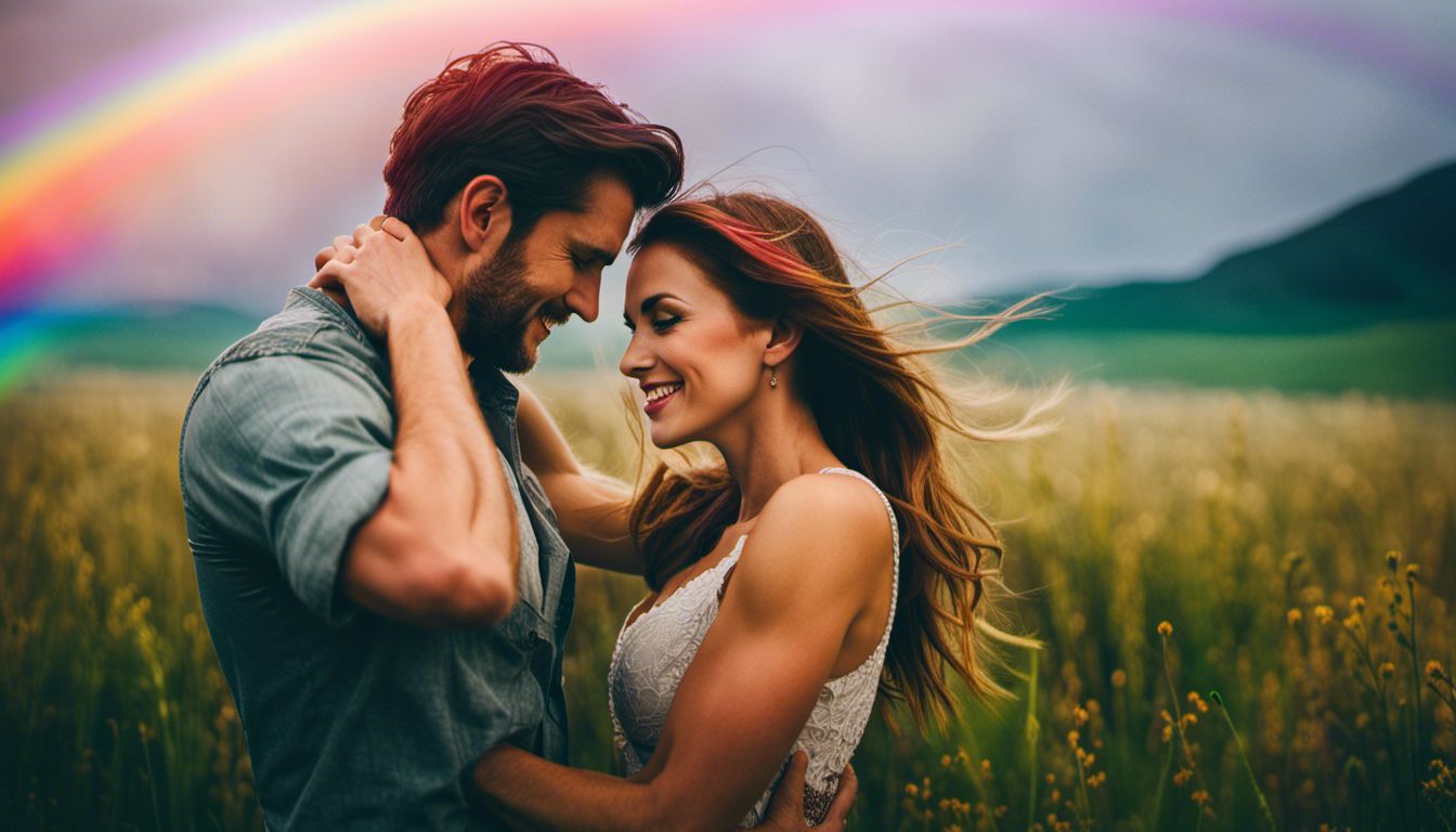 A couple embraces under a vibrant rainbow in a misty field.