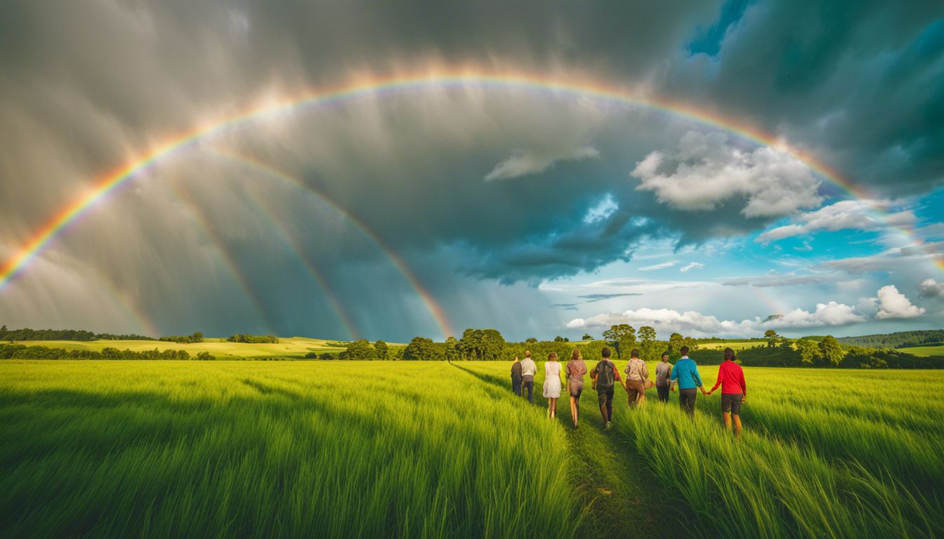 A vibrant rainbow stretches across a lush green field.