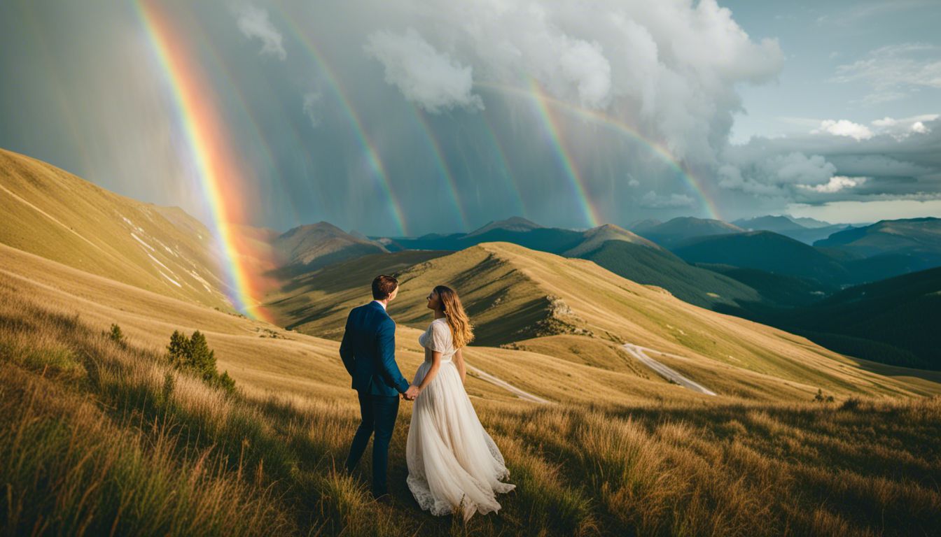 A couple embracing under a double rainbow in a mountainous landscape.
