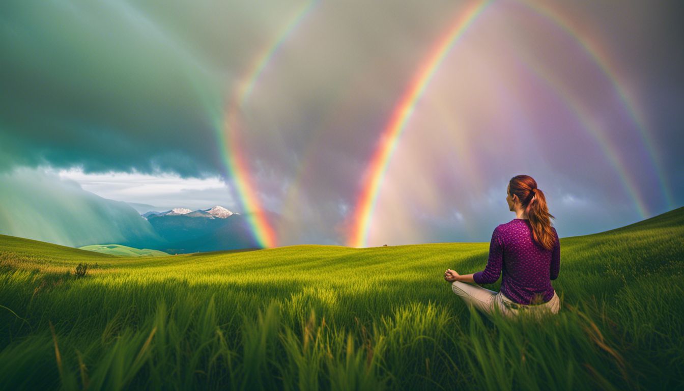A person meditating in a meadow with a rainbow above.