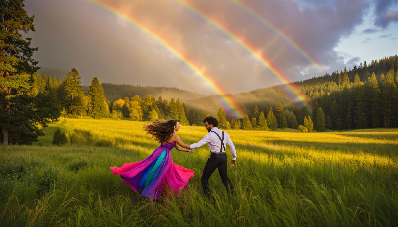 A couple dancing under a vibrant rainbow in a lush meadow.