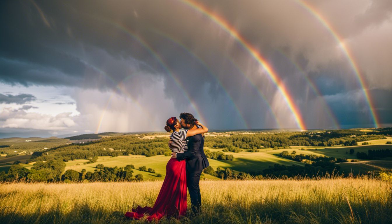 A couple embracing under a vibrant double rainbow in a scenic landscape.