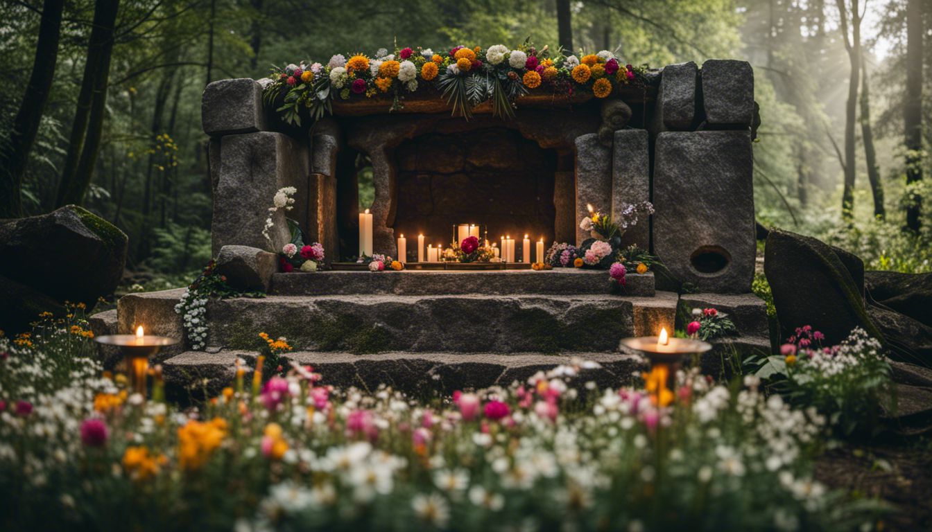 An ancient stone altar surrounded by flowers and candles in a forest.