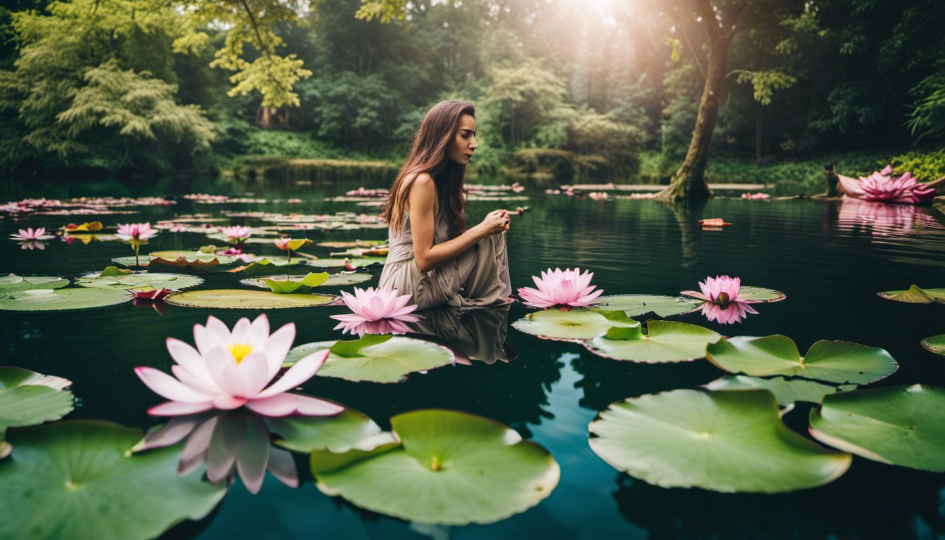 Photograph of a lotus flower surrounded by nature and diverse individuals.