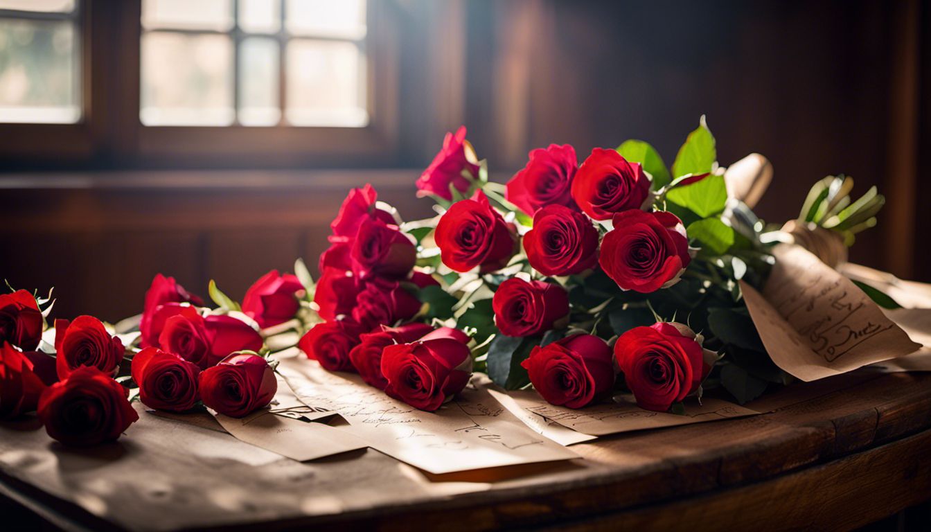 Bouquet of red roses surrounded by love letters and diverse faces.