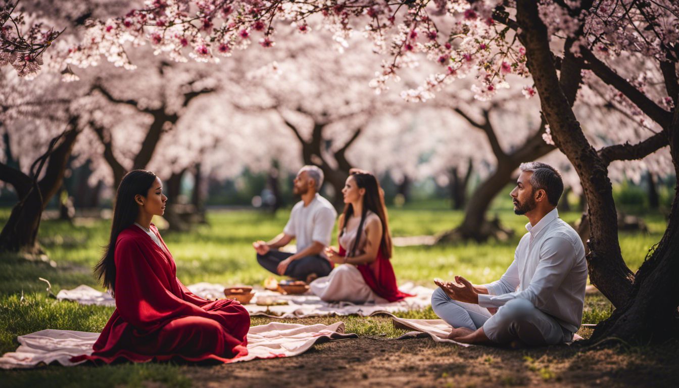 A diverse couple meditating under a blossoming cherry tree in nature.