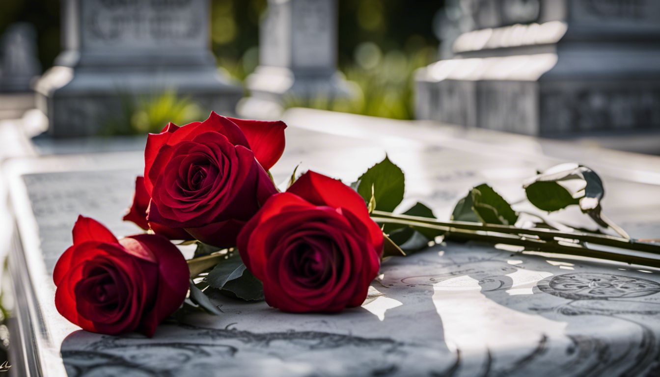 A bouquet of roses on a gravestone in a peaceful cemetery.