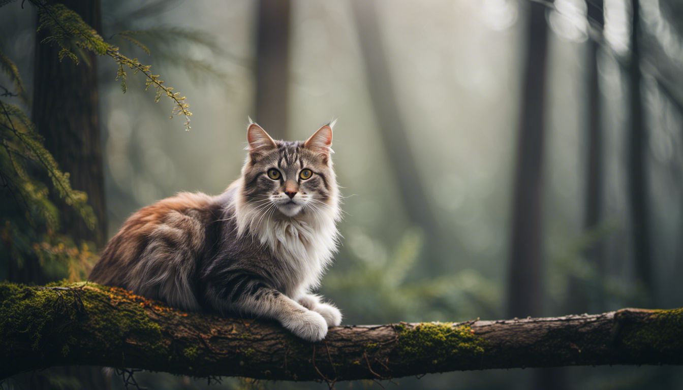A peaceful stray cat sits on a misty forest tree branch.