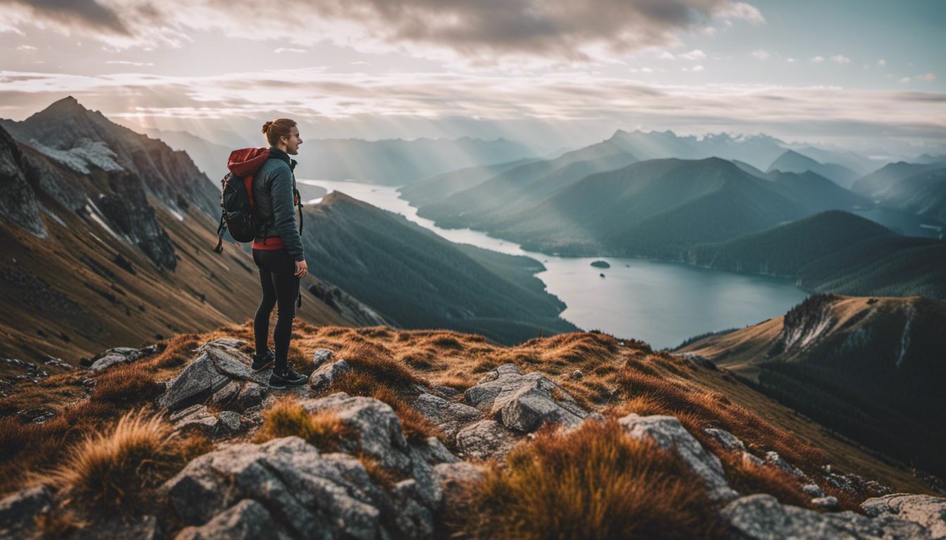 Person at mountain summit with stunning views, various faces, outfits, and hair.