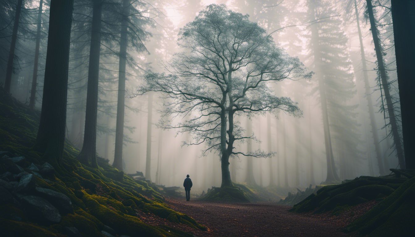 A solitary tree in a misty forest, captured in stunning detail.