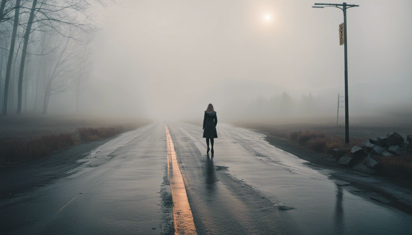 A person at a crossroads surrounded by fog and bustling atmosphere.