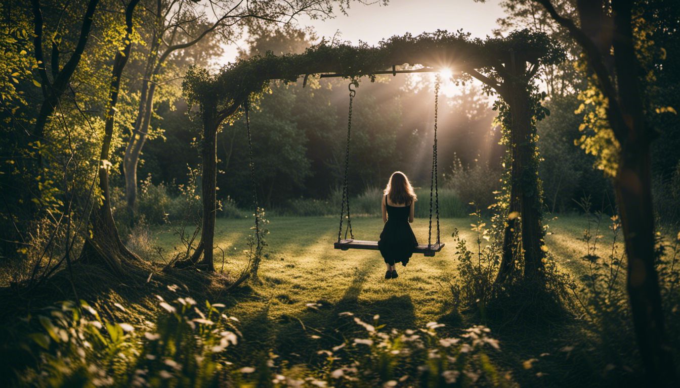 An abandoned garden with broken swing and faint silhouette in nature.