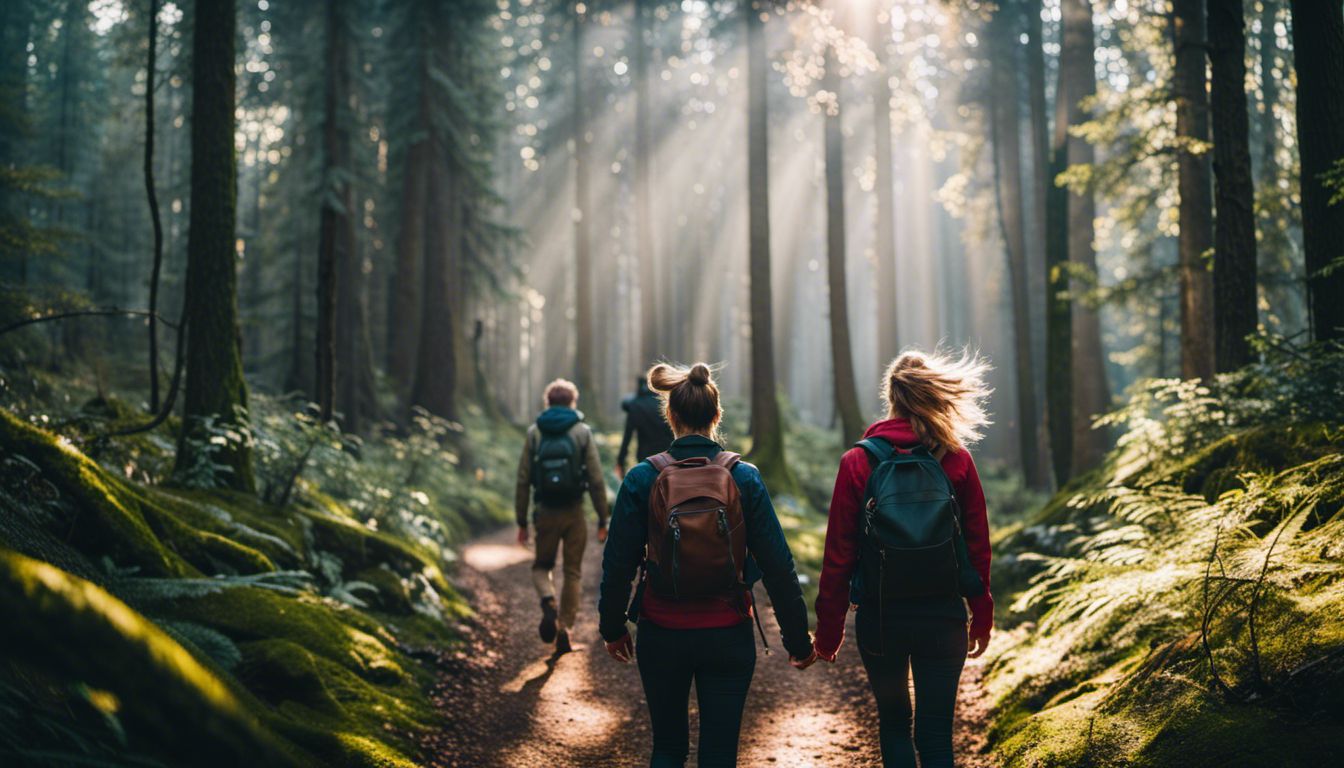 A diverse group of people walking through a beautiful forest path.