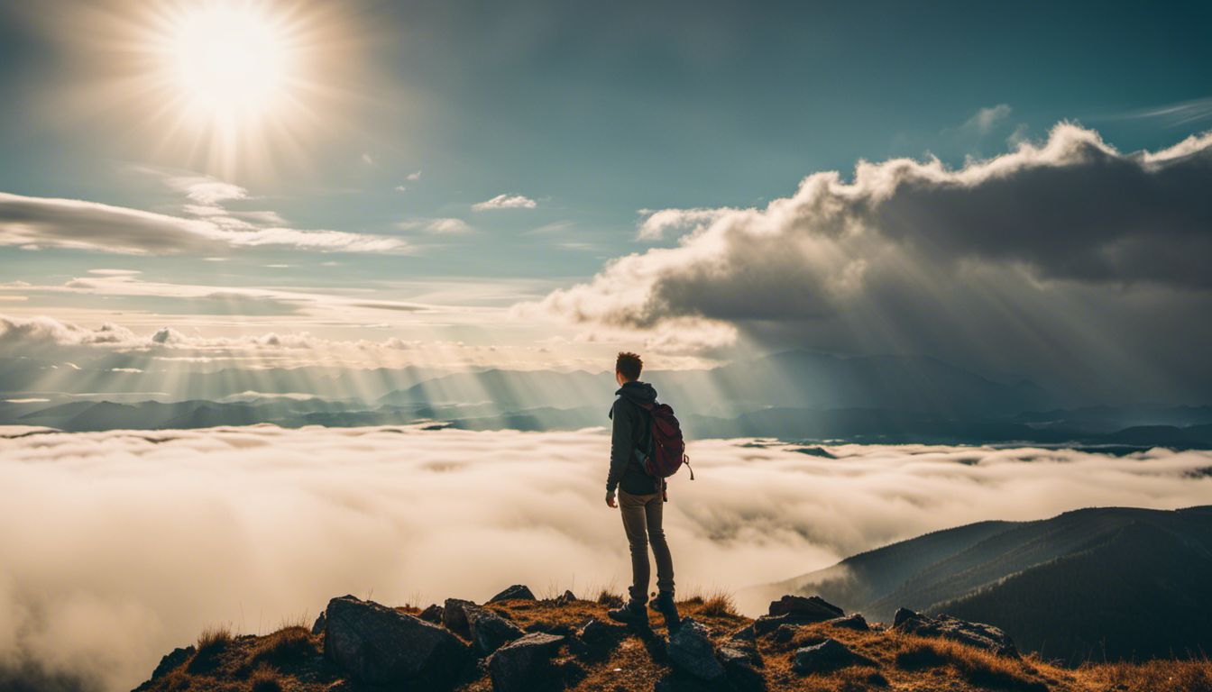 Person on mountaintop surrounded by clouds and sunlight, various appearances.