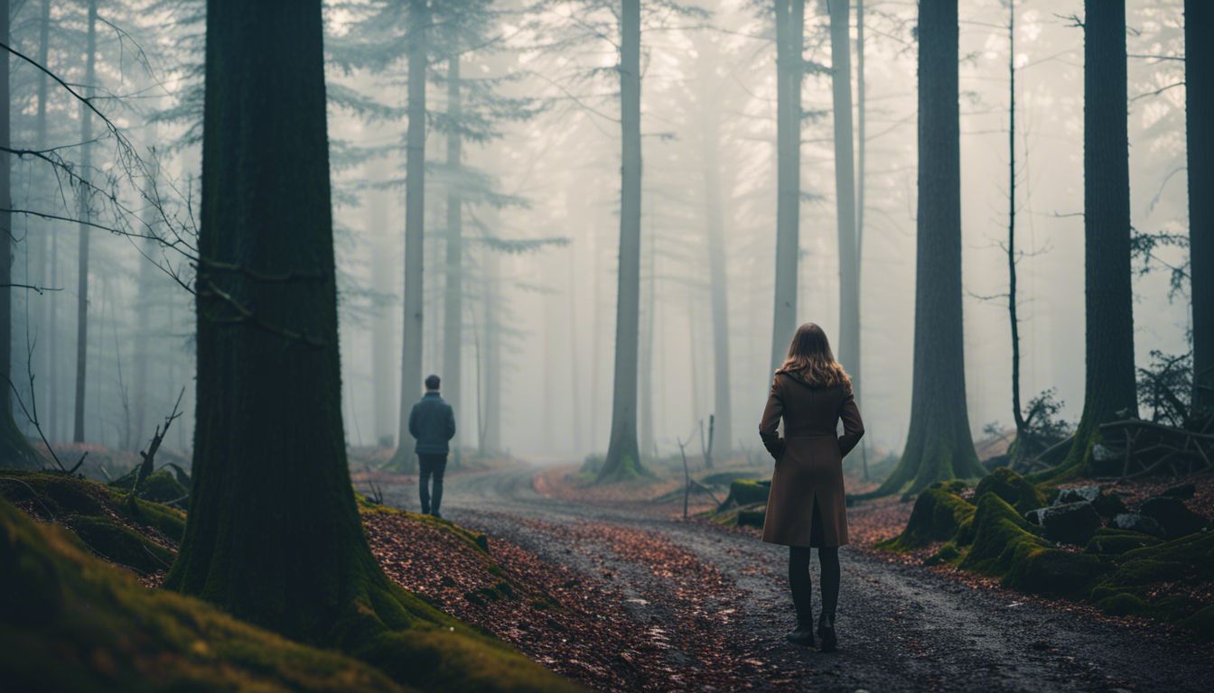 Photograph of a person in a misty forest at a crossroads.